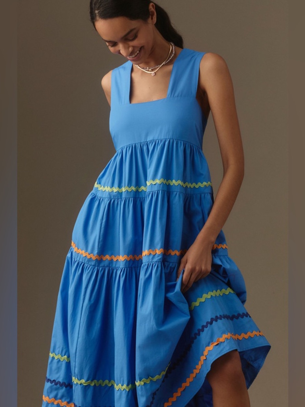 Maeve Anthropologie Blue Tiered Maxi Dress with Multicolor Ric Rac - Picture 1 of 5